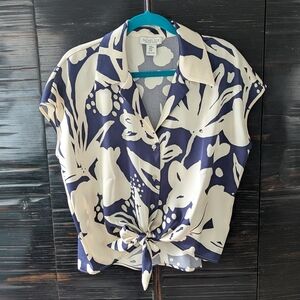 Rachel Zoe Navy and Cream Botanical Tie-Front Blouse
